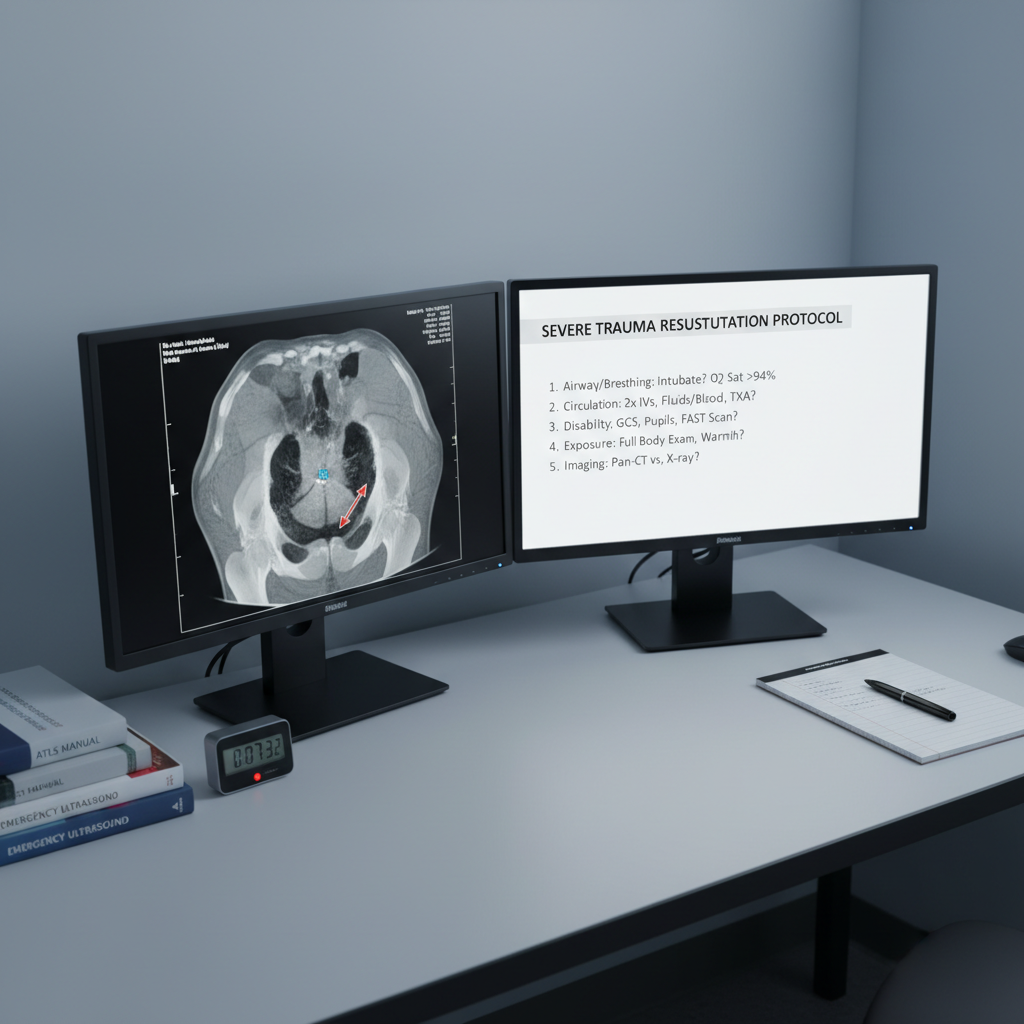 A high-resolution, photographic realism scene of a modern emergency department workstation without any people, showing a dual-monitor setup on a smooth, pale gray desk. One screen displays a detailed trauma CT scan, while the other shows a structured protocol checklist in clean, legible text. A neatly stacked pile of clinical guideline booklets, a digital timer, and a lined notepad with a single black pen sit within easy reach. Cool, neutral overhead lighting creates minimal glare on the screens and soft shadows along the desk’s edge. Shot from a slightly elevated angle with sharp focus, the mood is focused and analytical, conveying advanced decision-making and systematic thinking in emergency medicine.