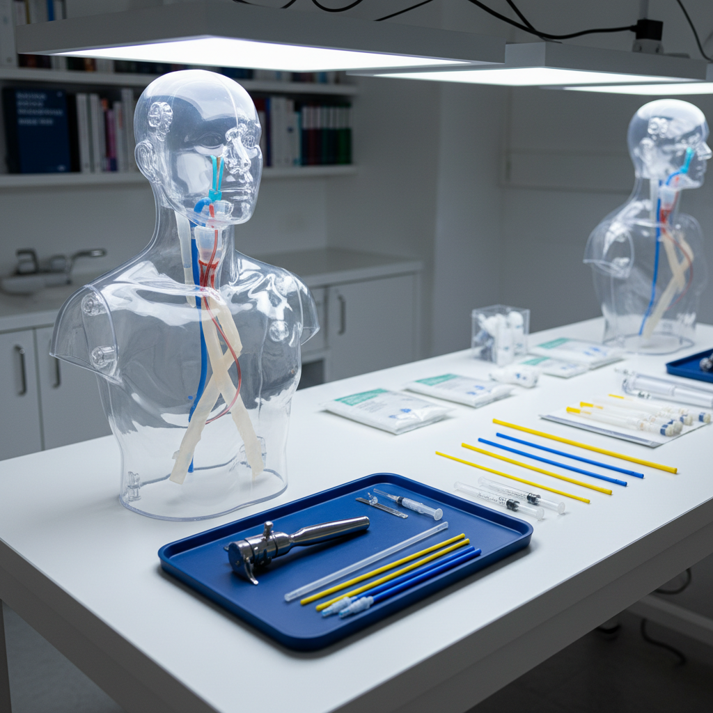 A detailed close-up of a transparent simulation mannequin torso on a sturdy, matte white training table, surrounded by intubation and procedural skills equipment, all neatly arranged. A laryngoscope with a shiny metallic blade, endotracheal tubes of various sizes, bougies, and syringes are laid out on a deep blue tray, each tool aligned with deliberate precision. Overhead LED lighting illuminates the clear plastic anatomy, revealing internal structures, and casts crisp, controlled shadows across the table. Photographic realism, captured from a slightly oblique angle with shallow depth of field, keeps the mannequin and nearest tools in sharp focus while softly blurring the background. The atmosphere is serious yet safe, emphasizing structured skills training for clinicians progressing from SHO to registrar.