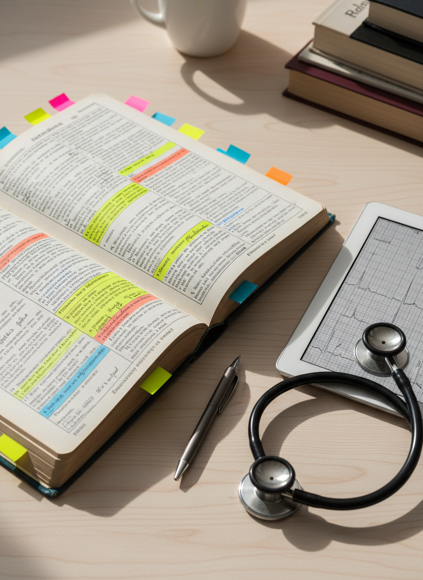 A close-up, overhead view of a well-used emergency medicine handbook lying open on a light wood desk, its pages filled with highlighted text, colored sticky tabs, and a few handwritten marginal notes. Beside it rests a stethoscope coiled neatly, a sleek tablet displaying a monochrome ECG trace, and a fine-tip pen aligned parallel to the book’s spine. Soft, diffused daylight from an unseen window to the left creates gentle shadows and a calm, studious atmosphere. The composition follows the rule of thirds, with the open book dominating the frame and background elements subtly blurred. Photographic realism with a clean, academic feel, representing focused study and the transition from basic to advanced emergency practice.
